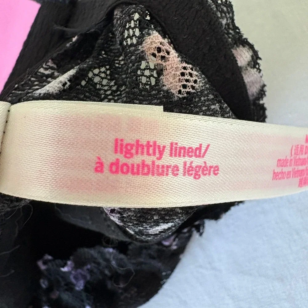 Victoria's Secret PINK Lace Bralette Black Floral Splatter Lightly Lined Medium